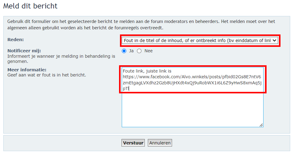 Reden van melding invullen